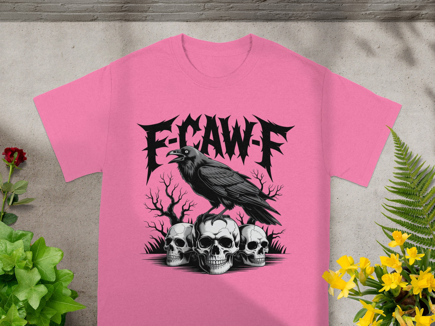 Pink T-Shirt with E-CAW-F Crow and Skulls Design