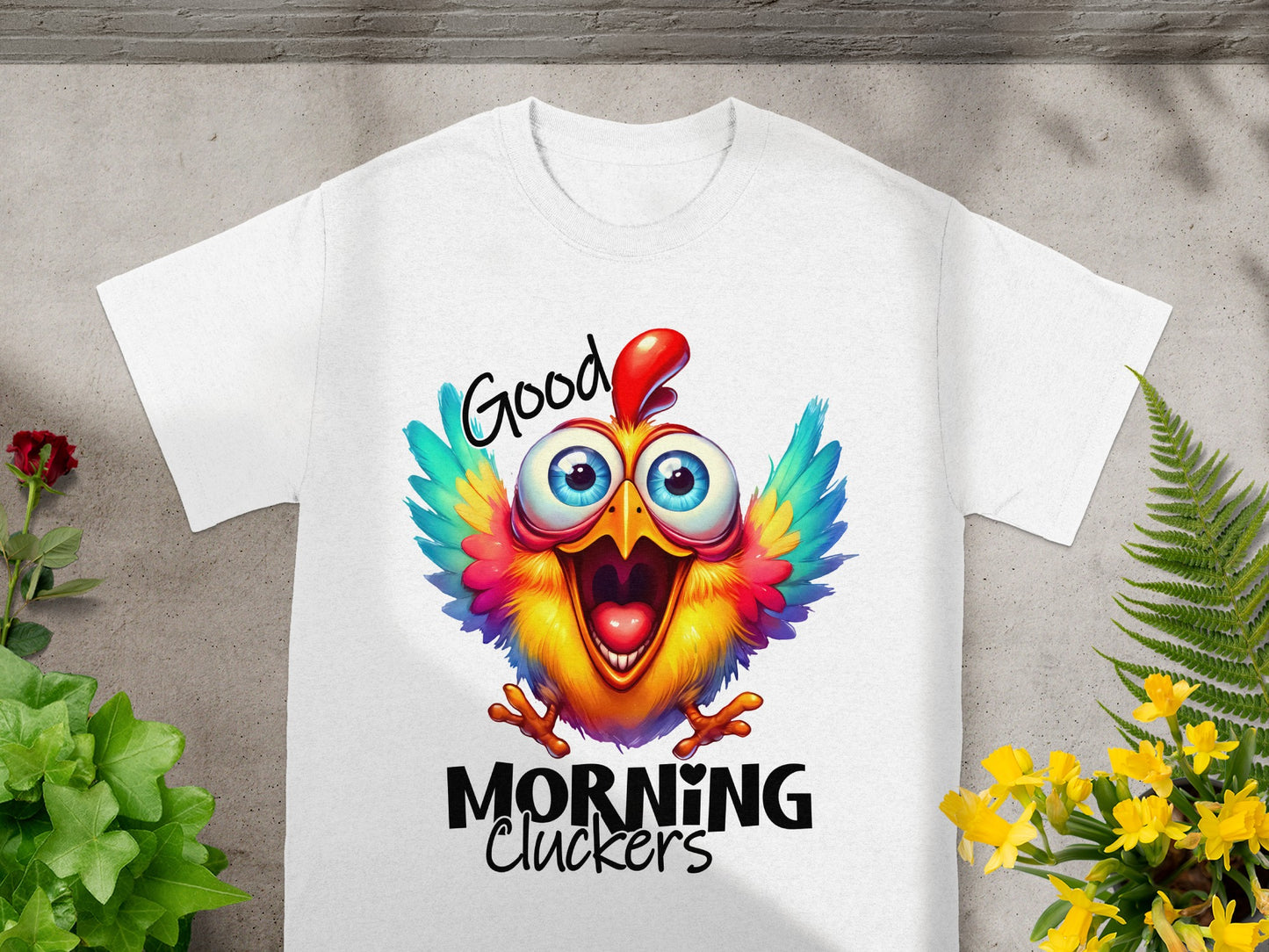 Good Morning Cluckers Colorful Chicken T-Shirt
