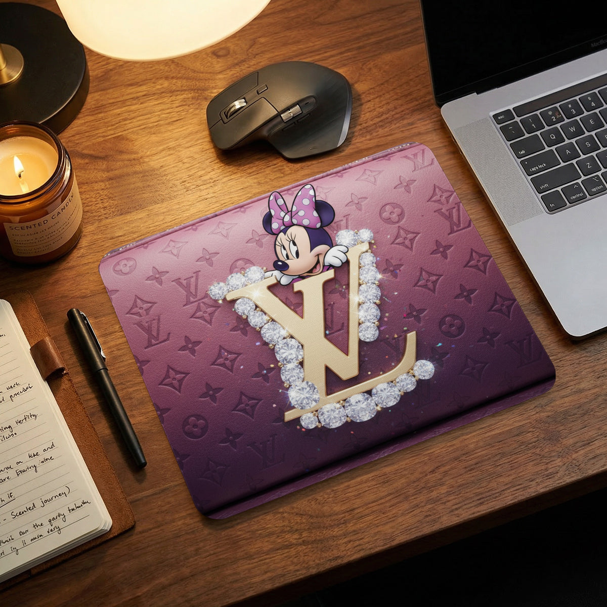 Mousepad with Minnie Mouse and diamond-encrusted LV logo on purple background.