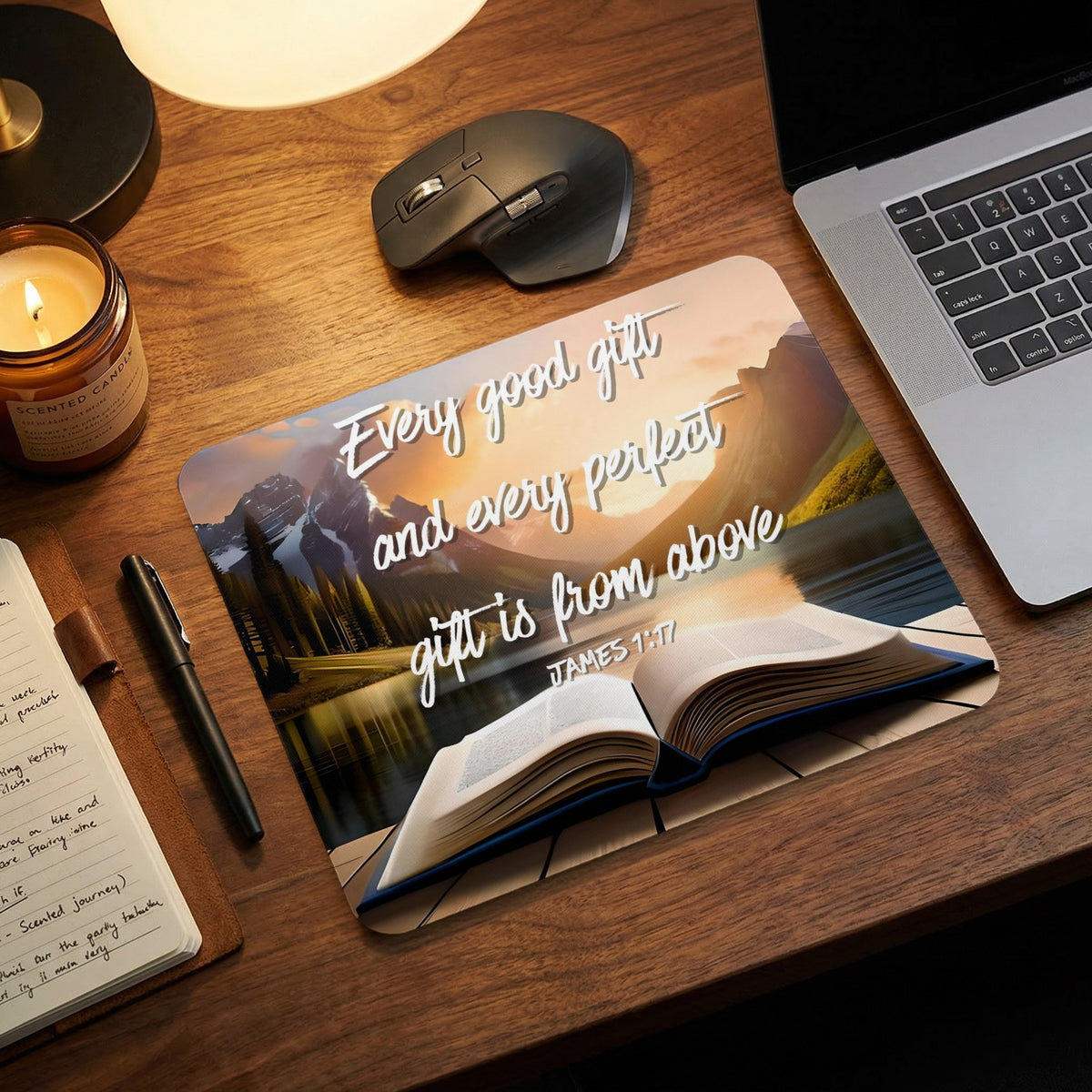 Rectangular mousepad featuring an open Bible on a wooden dock with mountain and lake scenery, inscribed with James 1:17.
