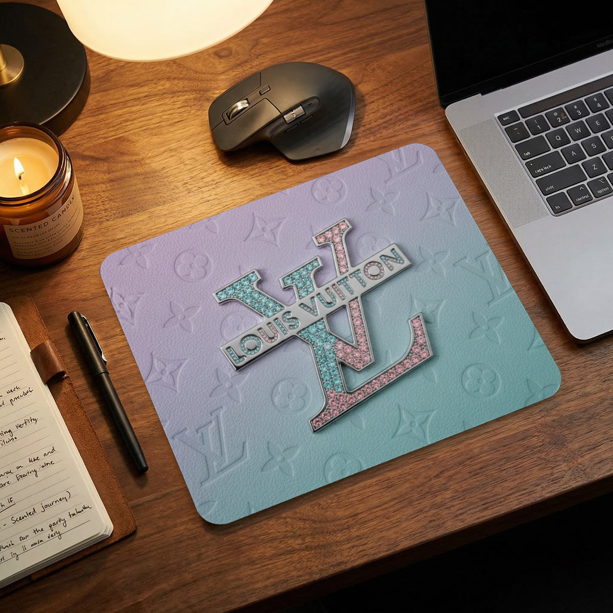 Mousepad with embossed monogram and "LOUIS VUITTON" text.