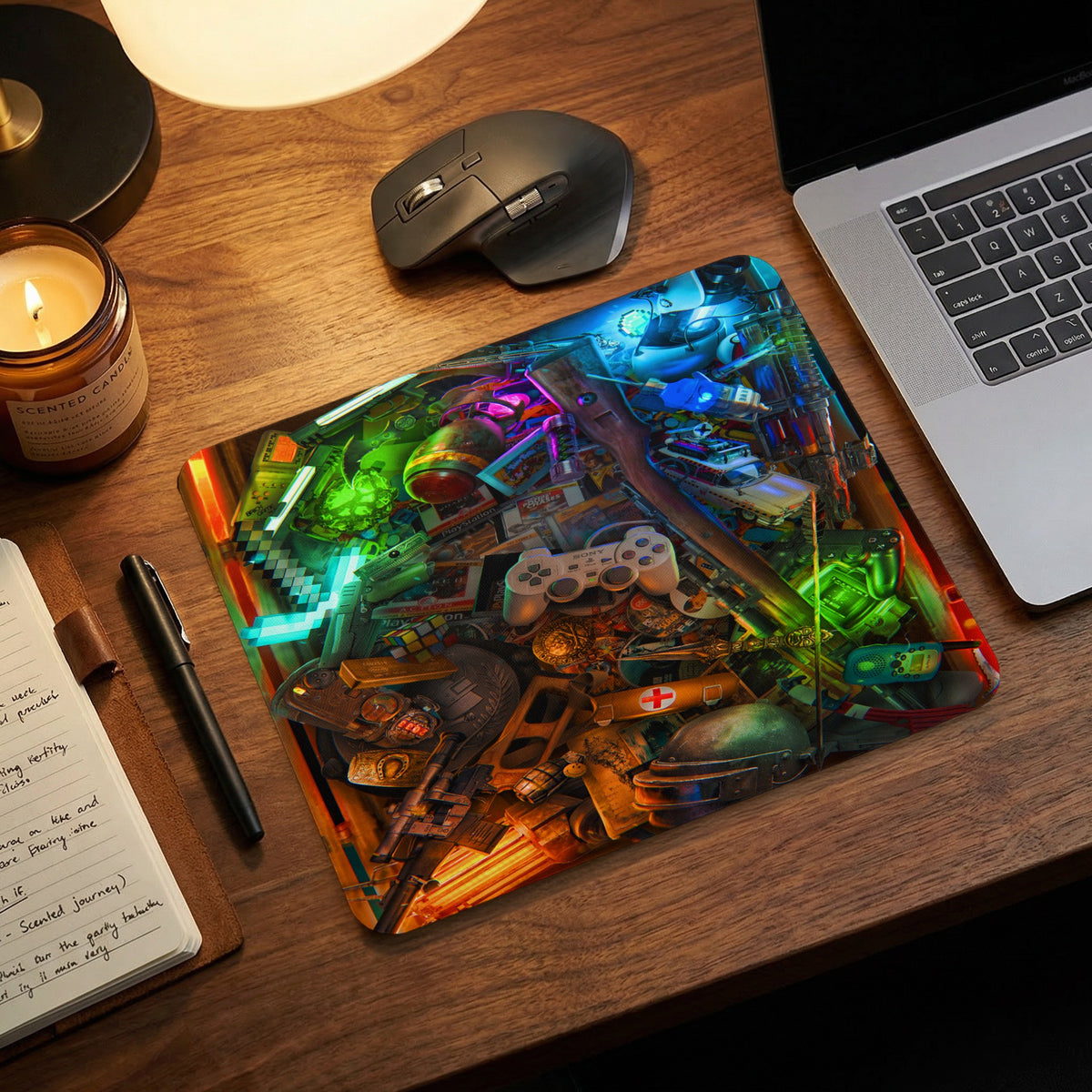 A gaming mouse pad featuring a colorful collage of video game items, sitting on a wooden desk.