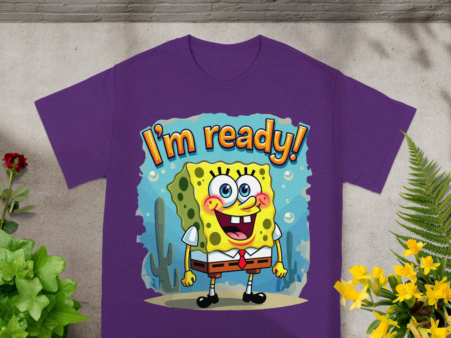 Purple t-shirt with Spongebob Squarepants saying "I'm ready!".