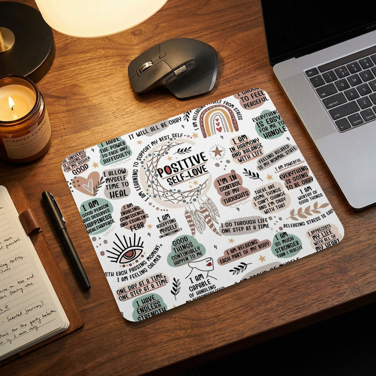 A large mousepad featuring positive affirmations on a wooden desk with a laptop, mouse, and candle.