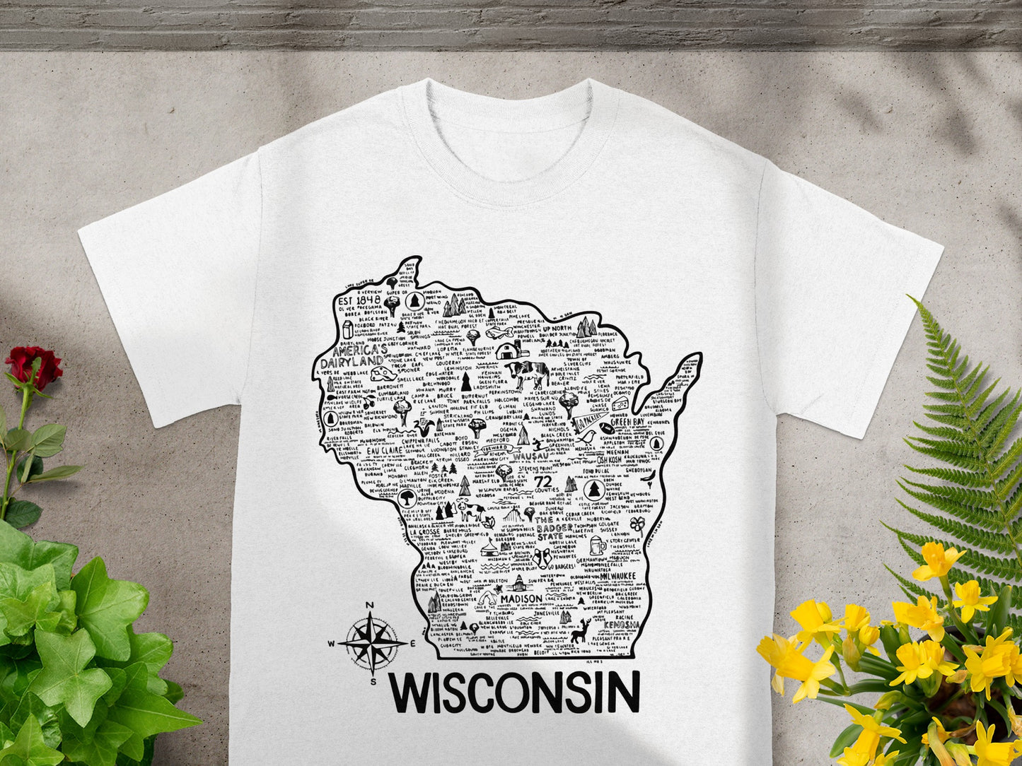 Wisconsin Map Design Graphic on White T-Shirt