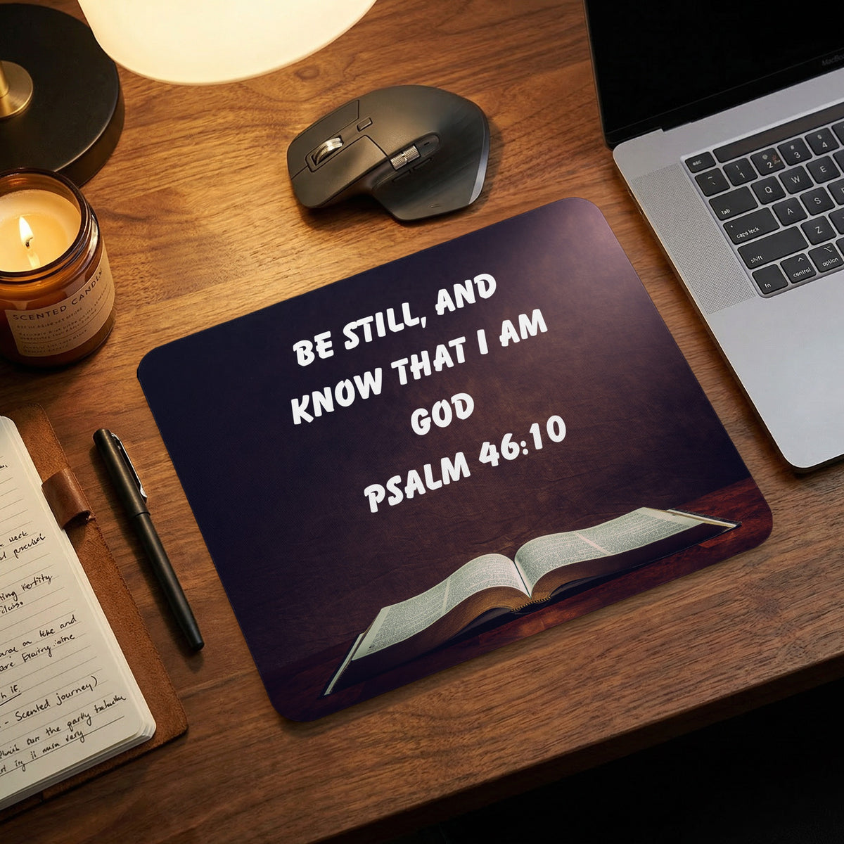 A rectangular mouse pad with the text BE STILL, AND KNOW THAT I AM GOD PSALM 46:10 and an open Bible graphic.
