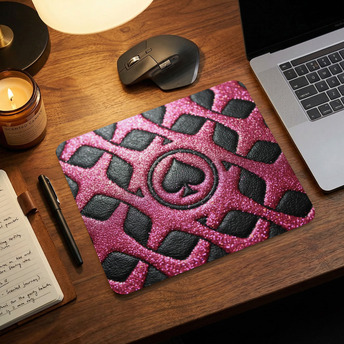 Mousepad with black and pink glitter spade pattern on a wooden desk.