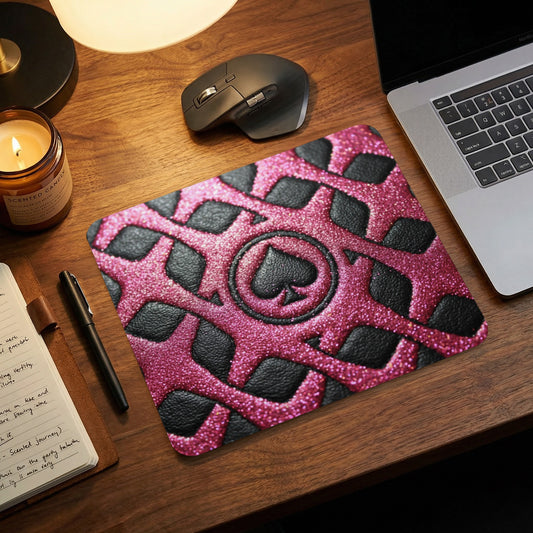 Mousepad with black and pink glitter spade pattern on a wooden desk.