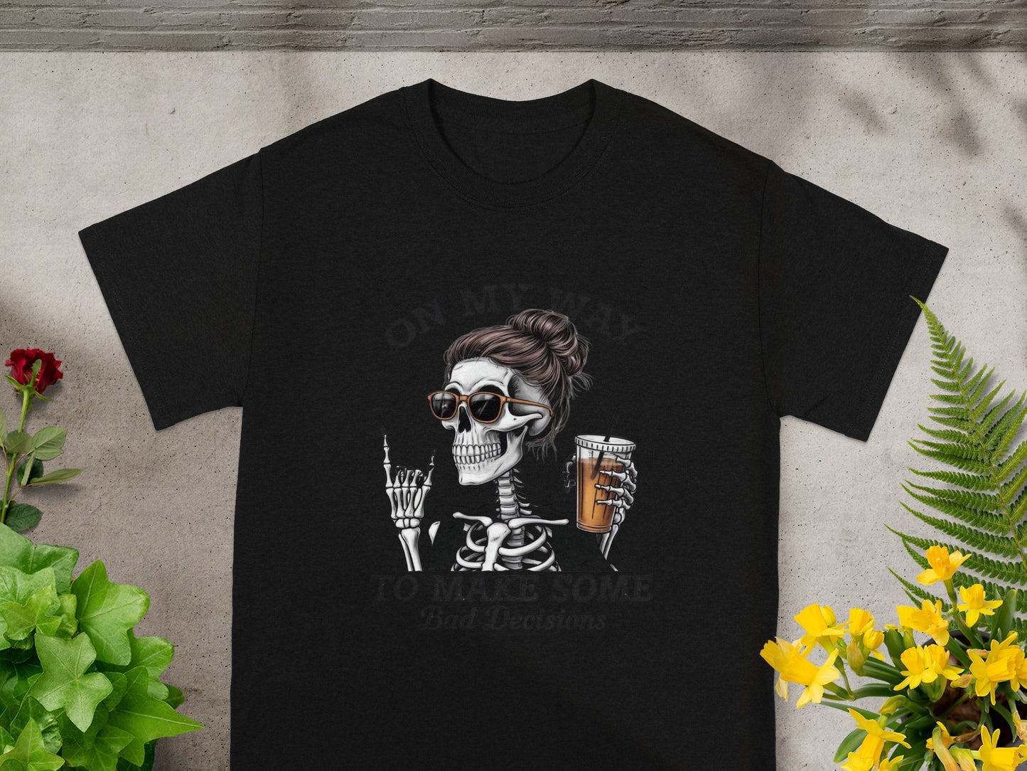 Funny Skeleton Drinking Coffee T-Shirt for Casual Wear