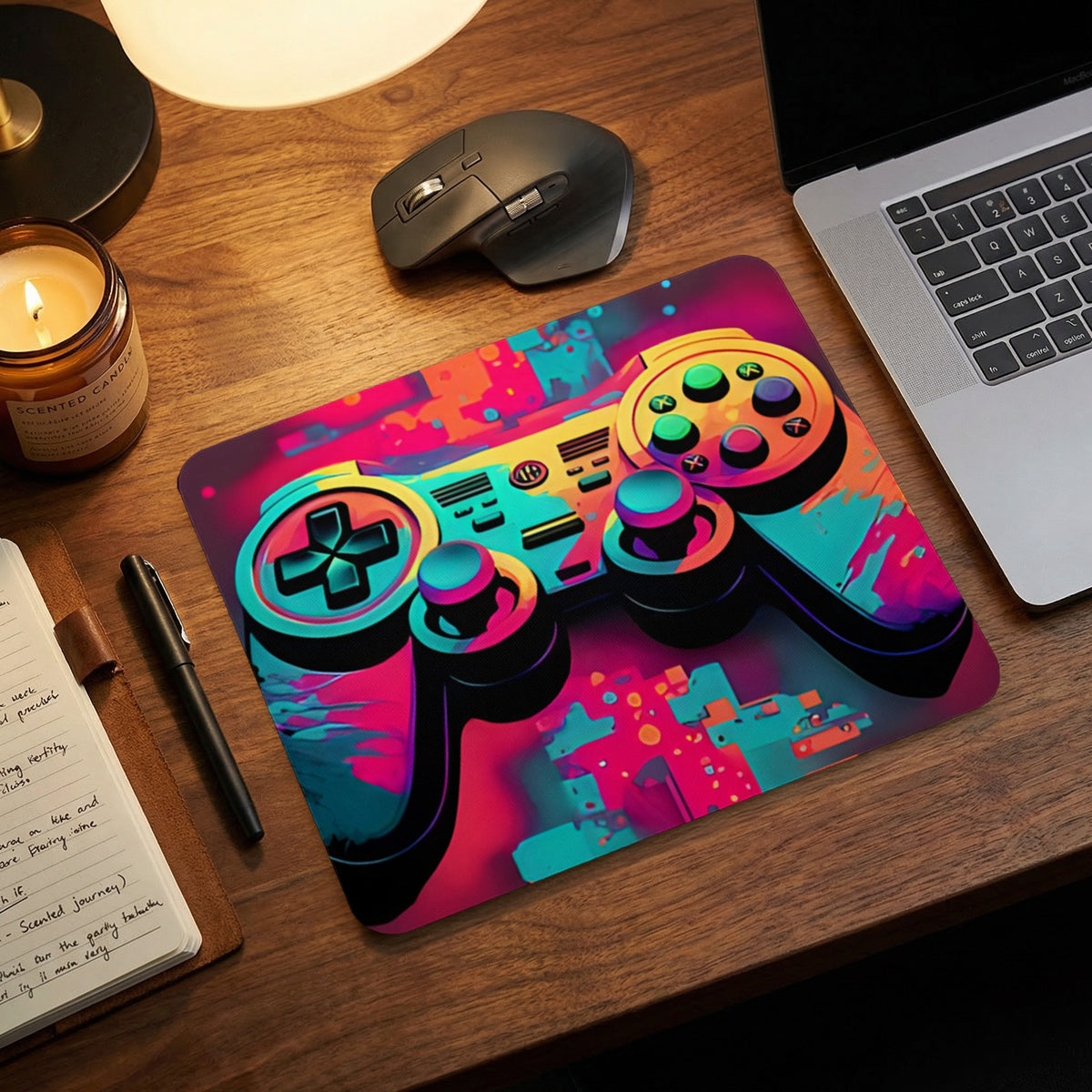 A colorful, abstract video game controller printed on a rectangular mouse pad on a wooden desk.