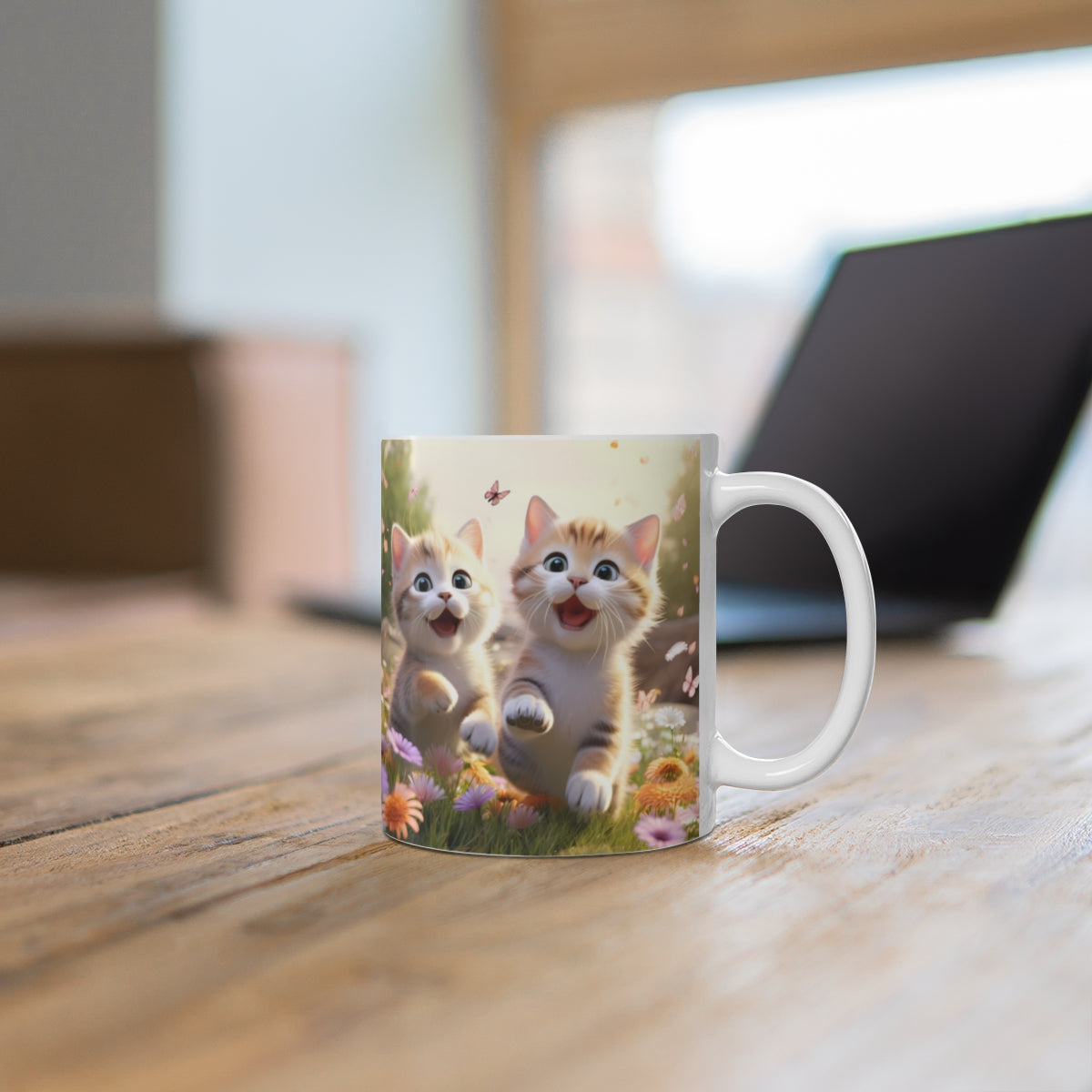 Adorable Playful Kittens Design Mug With Flowers