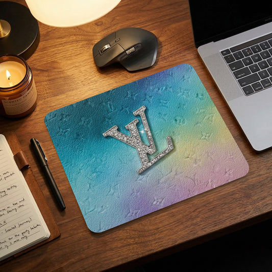 Mousepad with iridescent gradient and glitter "LV" logo on a wood desk.