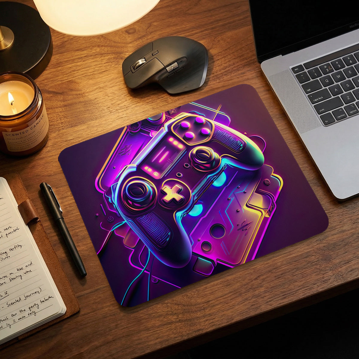 A rectangular mouse pad with a glowing cyberpunk-style game controller graphic sits on a wooden desk.