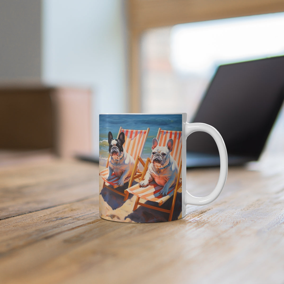 French Bulldogs Relaxing on Beach Chairs Mug