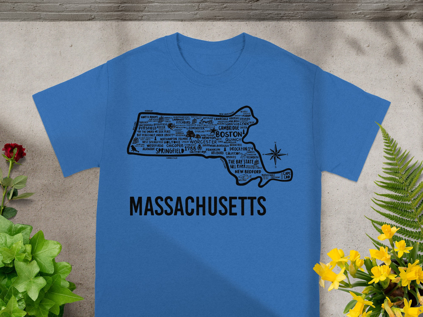 Massachusetts Map Cities Typography T-Shirt
