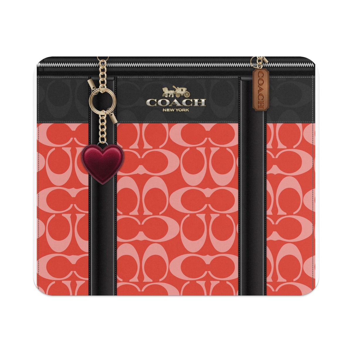 Coach pattern canvas and black leather wallet with heart charm and logo.