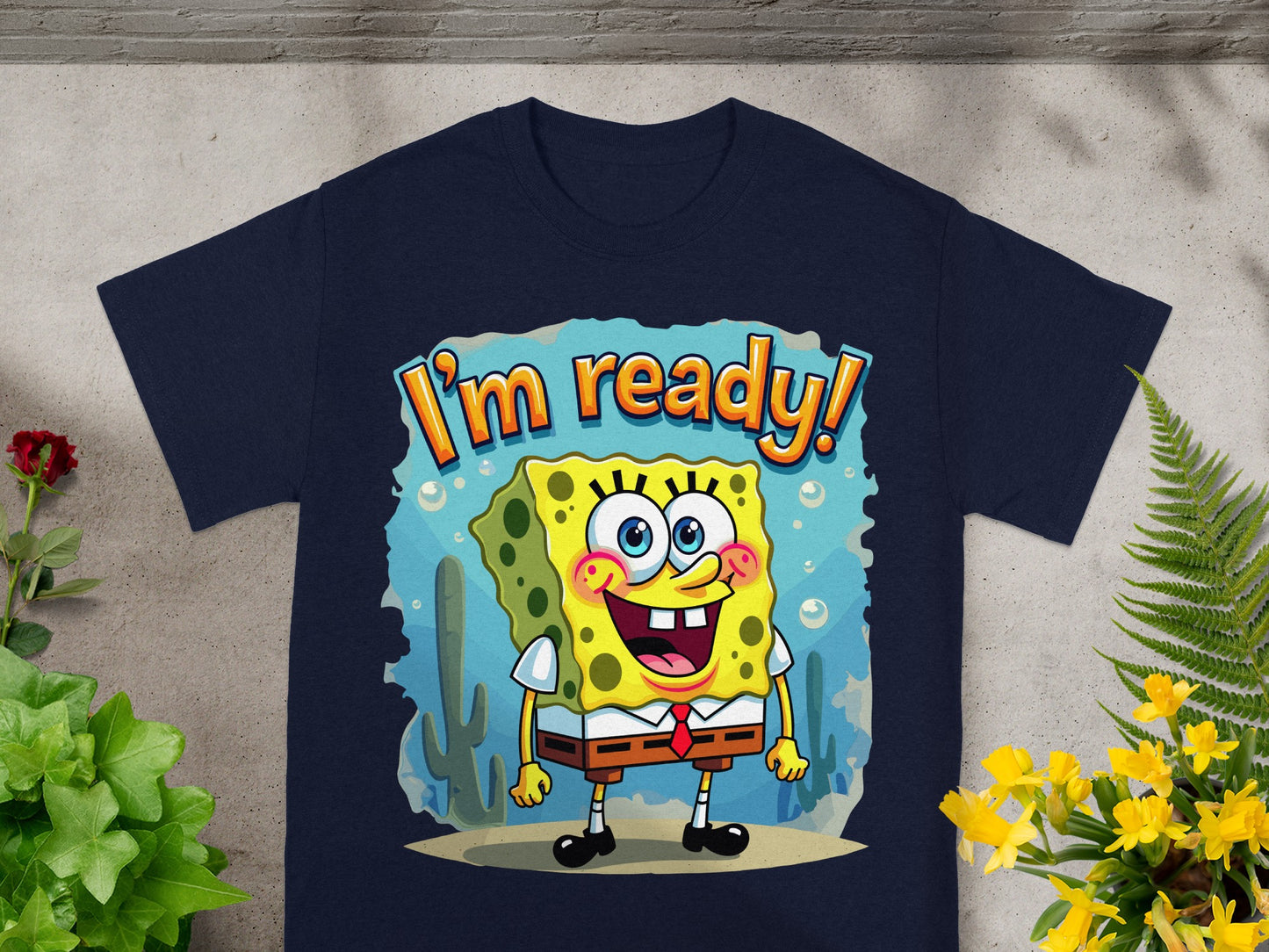 SpongeBob SquarePants character with "I'm ready!" text on navy blue t-shirt.