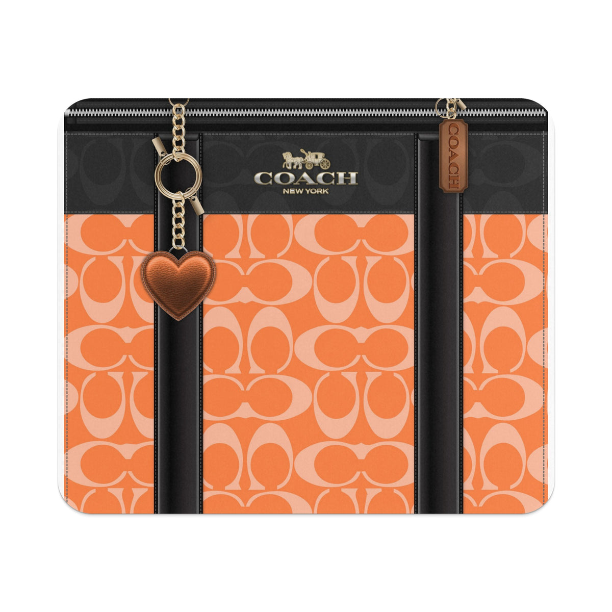 Coach bag with orange C logo pattern, black trim, and heart charm.