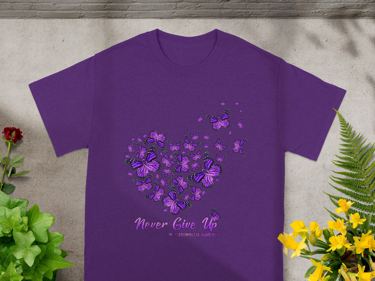 Never Give Up Fibromyalgia Awareness Butterfly Tee