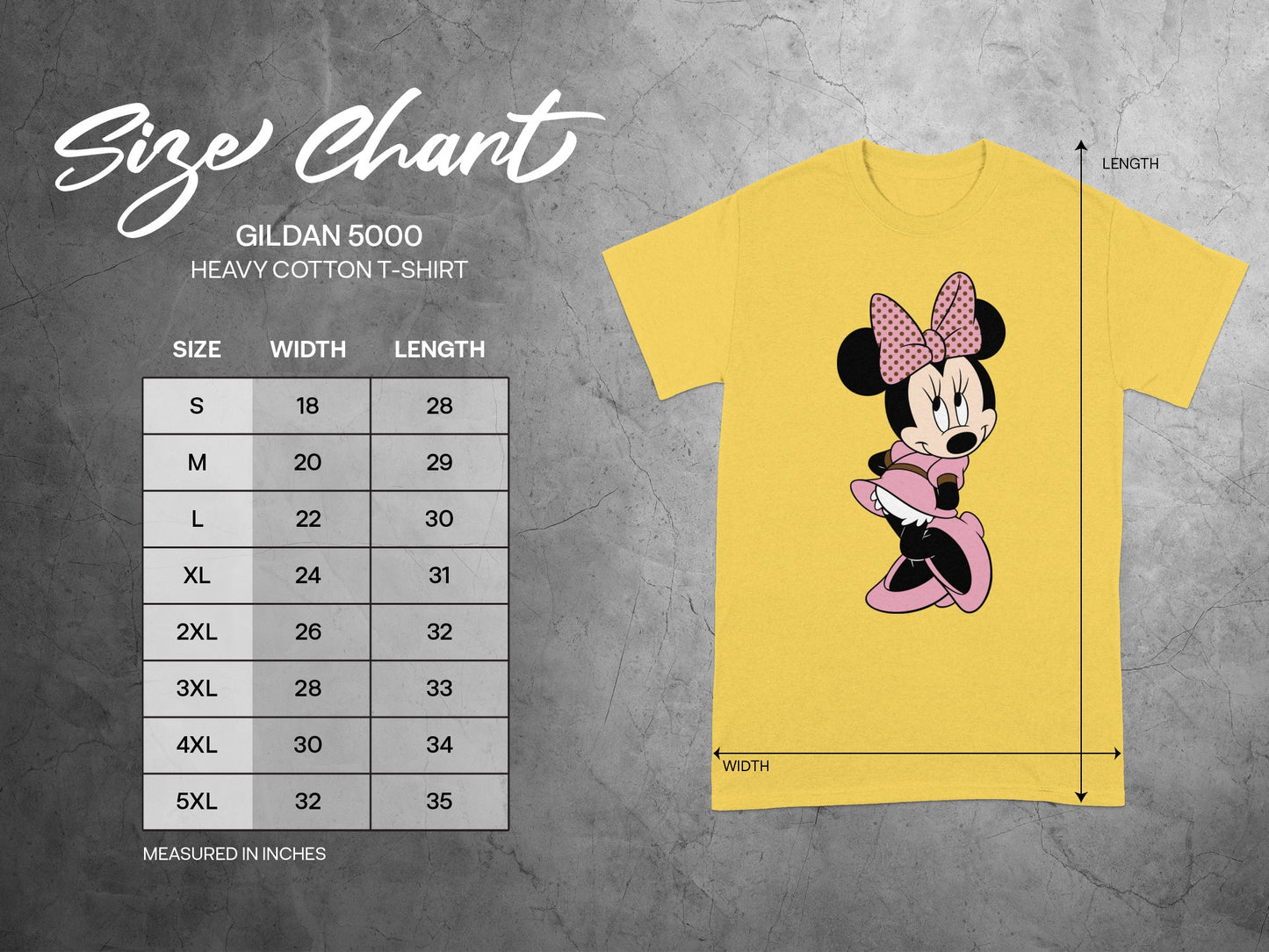 GILDAN 5000 T-SHIRT Minnie Mouse Size Chart Measured Inches product type