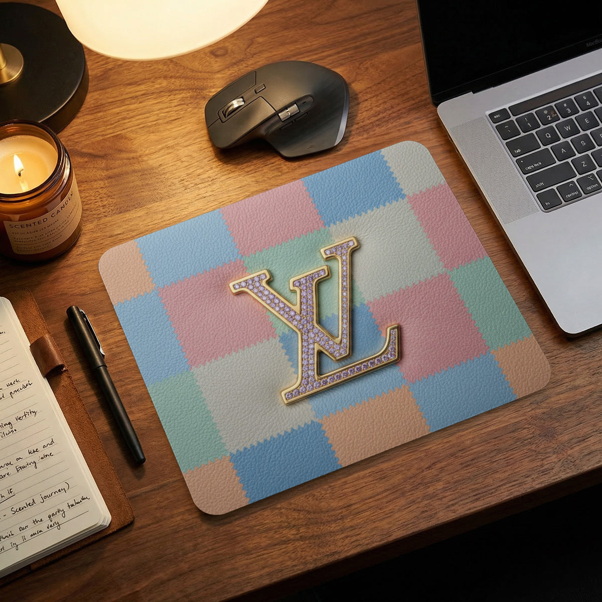 Gold LV logo on pastel checkered mousepad next to laptop and notebook.