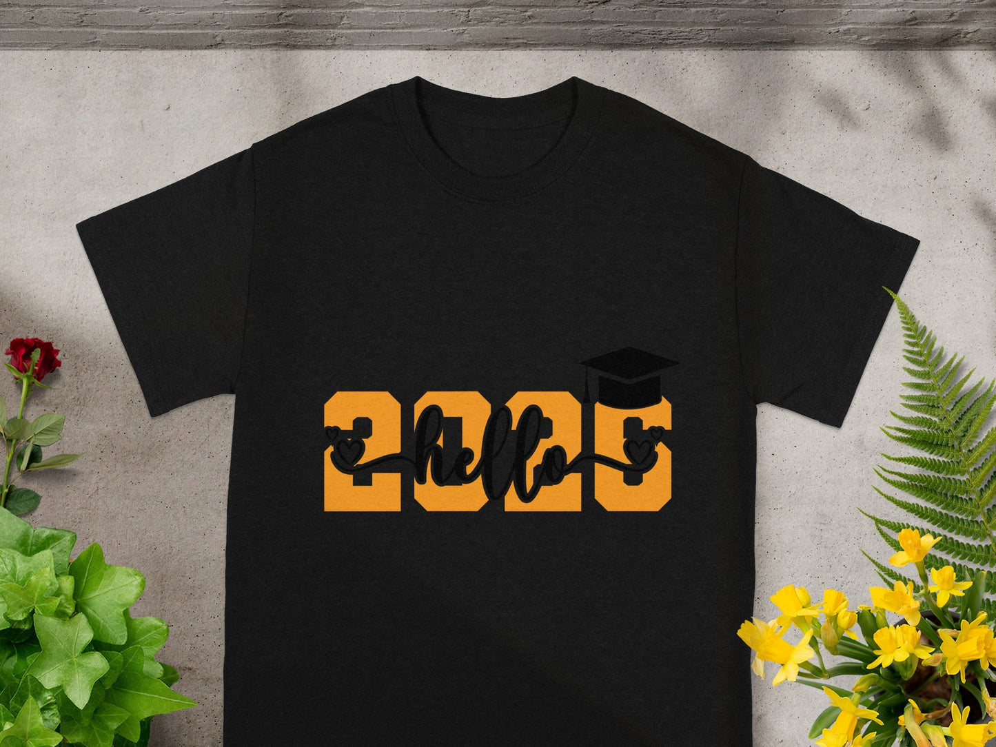 Hello 2023 Graduation Design on Black Shirt