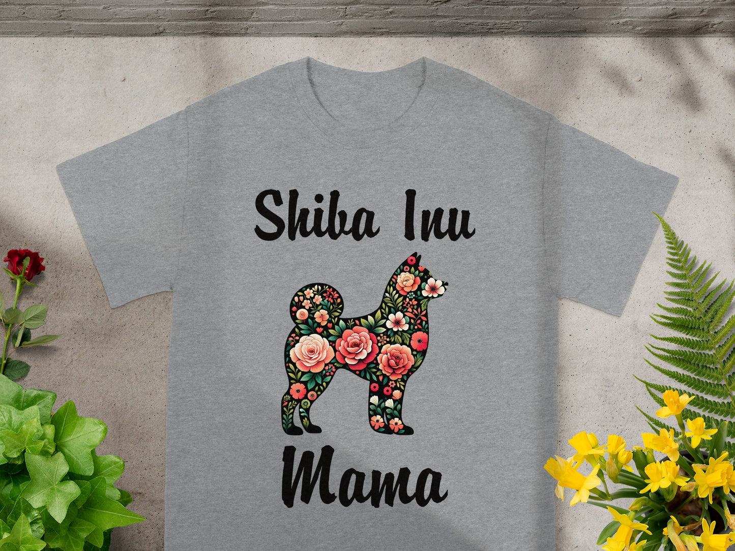 Grey t-shirt with "Shiba Inu Mama" text and a floral Shiba Inu dog design.