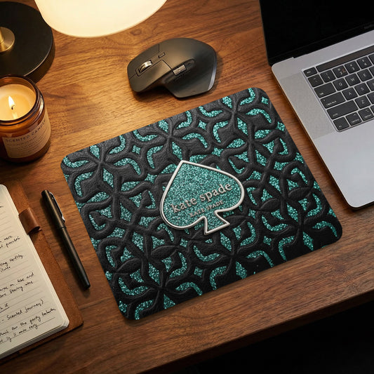 Kate Spade mousepad with black and teal glitter pattern and spade logo.