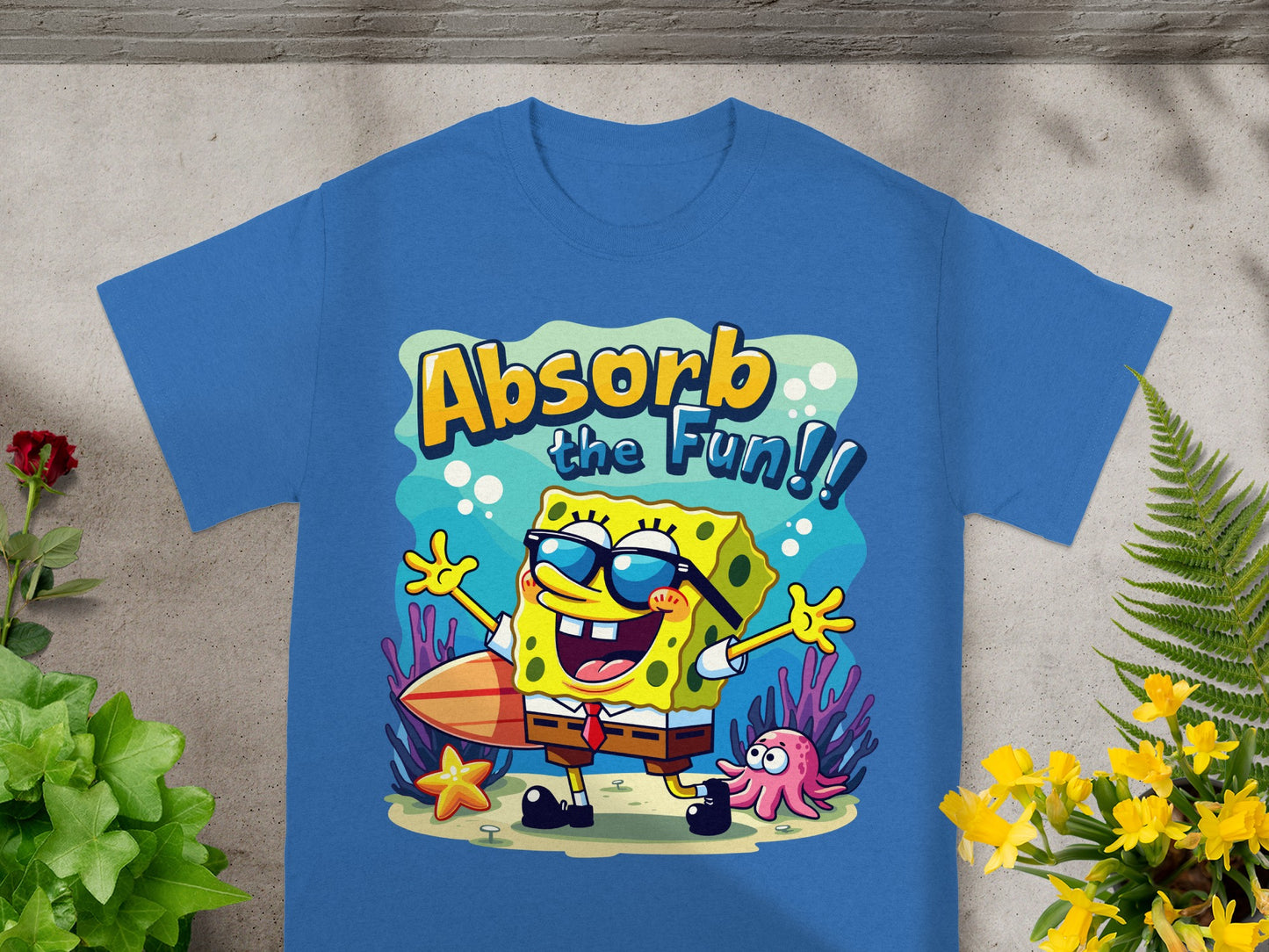SpongeBob SquarePants with surfboard, text "Absorb the Fun!!"