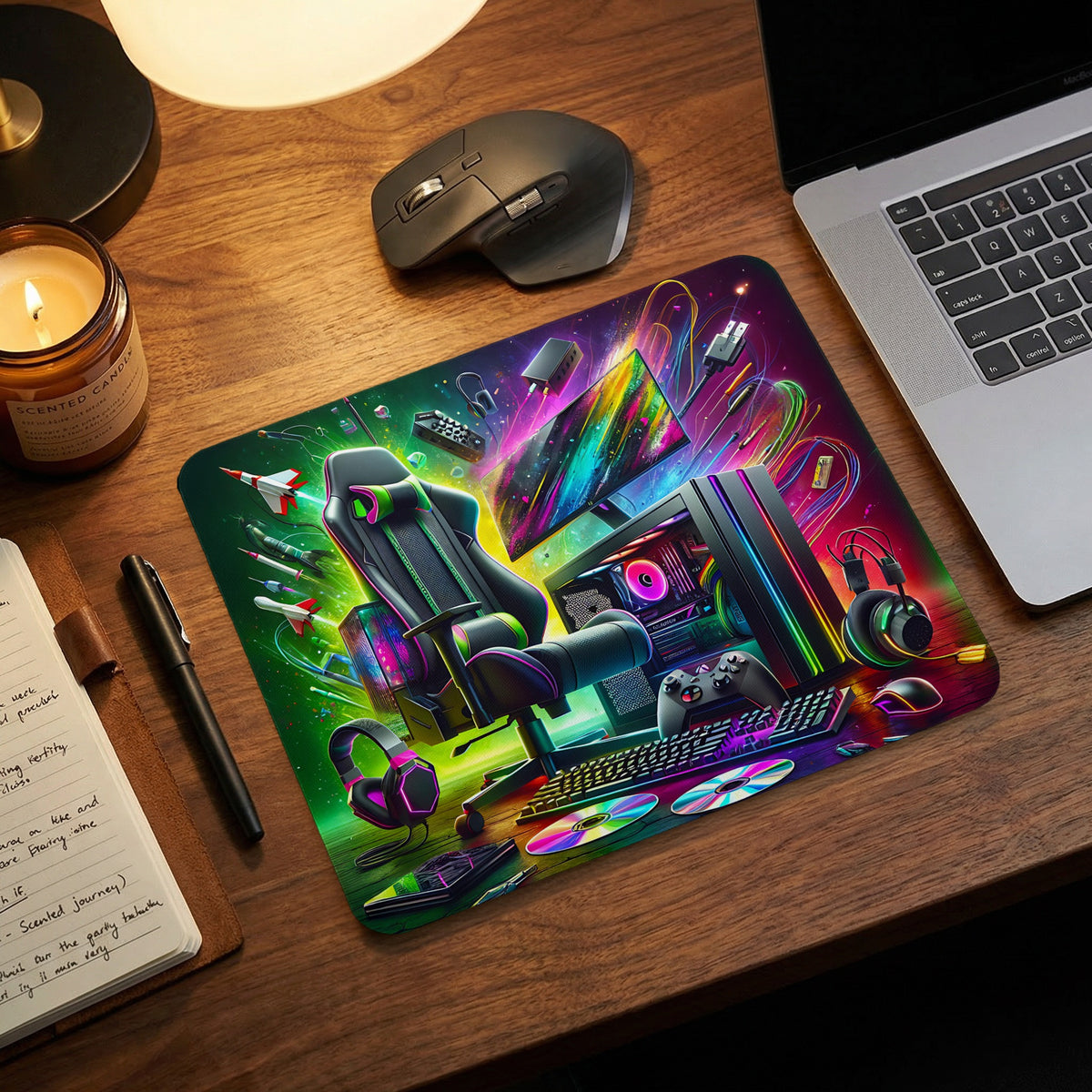 A rectangular gaming mouse pad featuring a vibrant, colorful illustration of a PC gaming setup on a wooden desk.