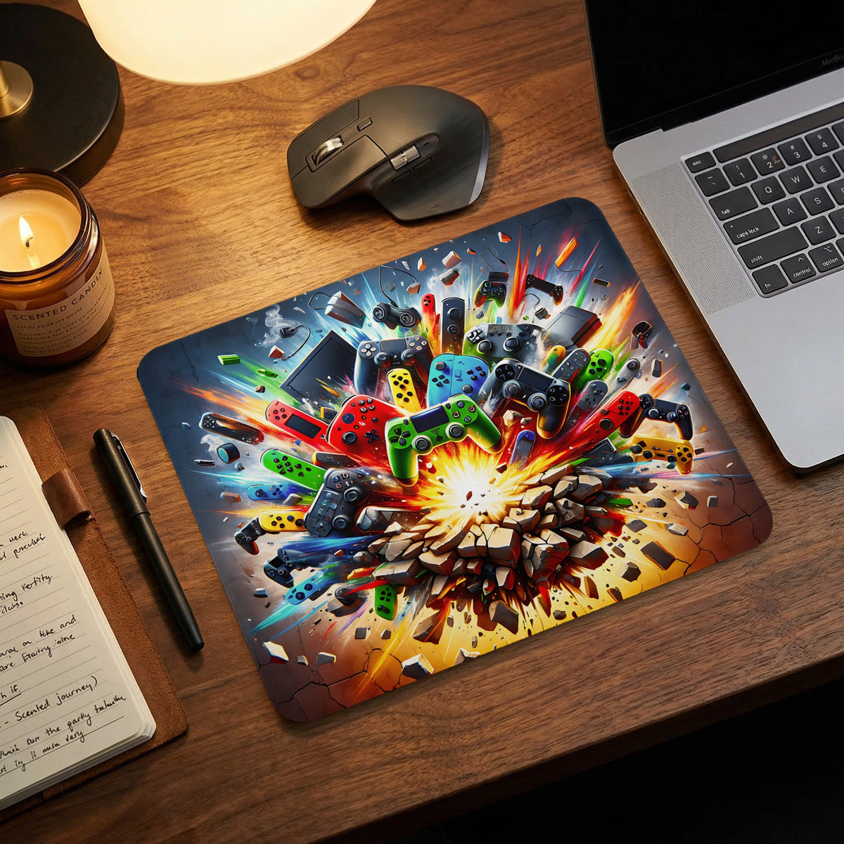 Colorful gaming desk mat featuring an explosion of game controllers on a wooden desk.