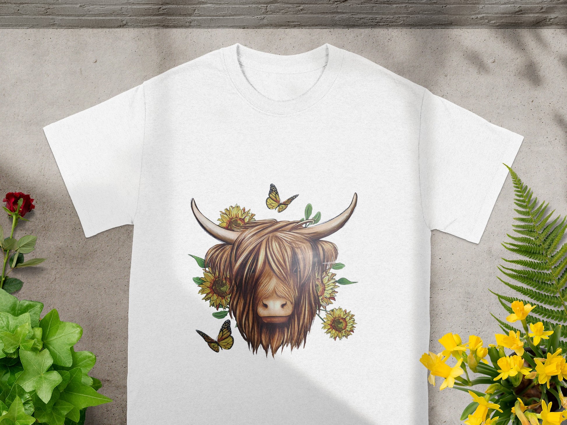 Highland Cow with Sunflowers Butterfly T-Shirt