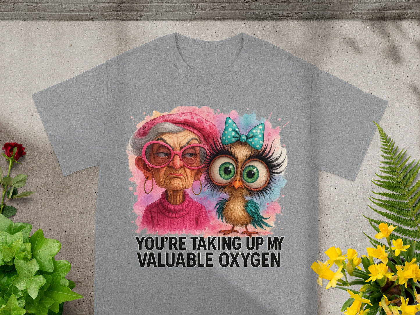 Gray t-shirt with cartoon owl and text "YOU'RE TAKING UP MY VALUABLE OXYGEN".