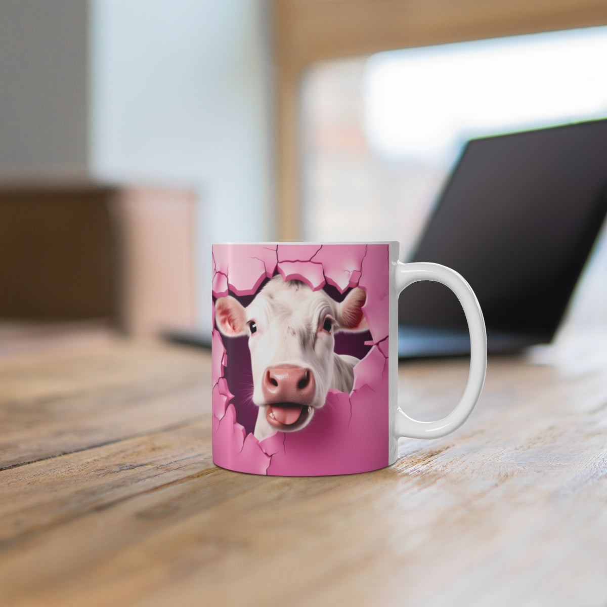 Funny Cow Breaking Through Wall Pink Background Mug