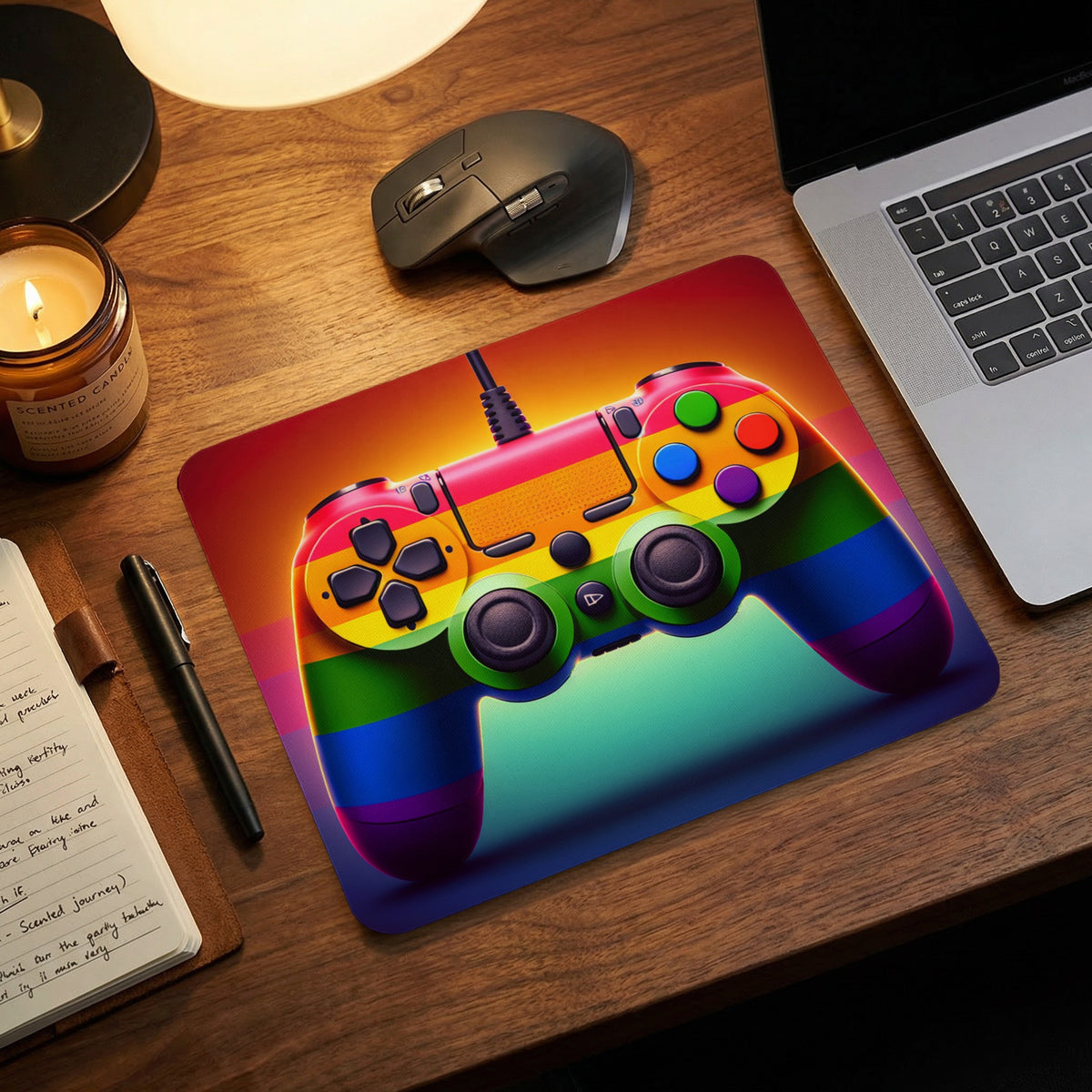 A rectangular mouse pad with a rainbow-colored gaming controller graphic rests on a wooden desk.