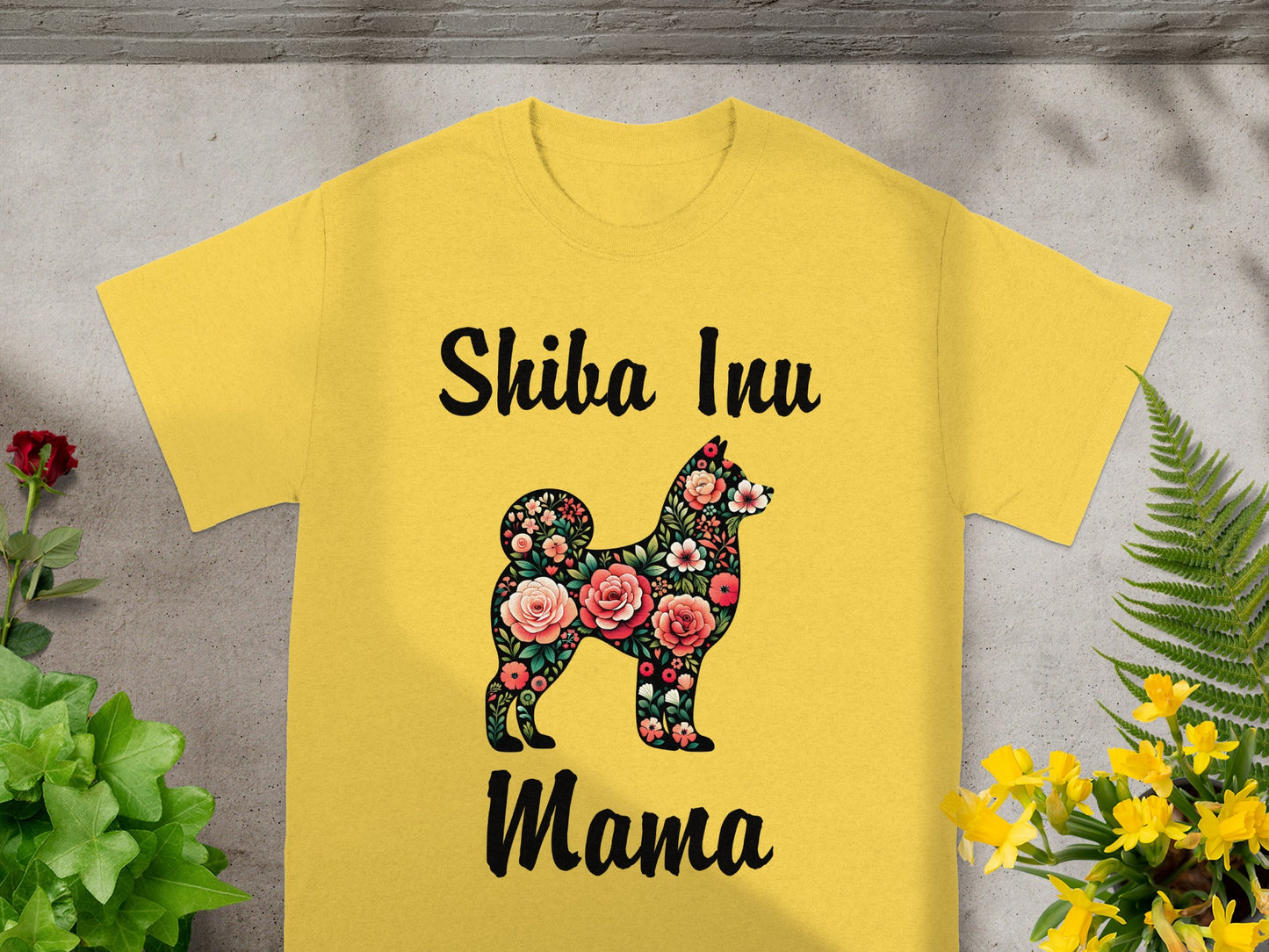 Yellow t-shirt with "Shiba Inu Mama" and floral dog silhouette.