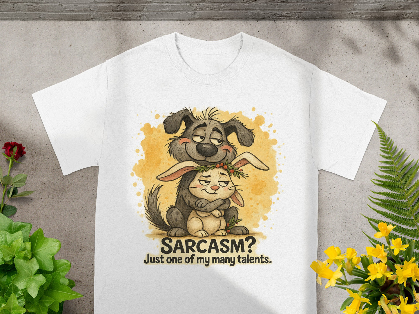 T-shirt featuring a cartoon dog hugging a bunny with text "SARCASTIC? Just one of my many talents."