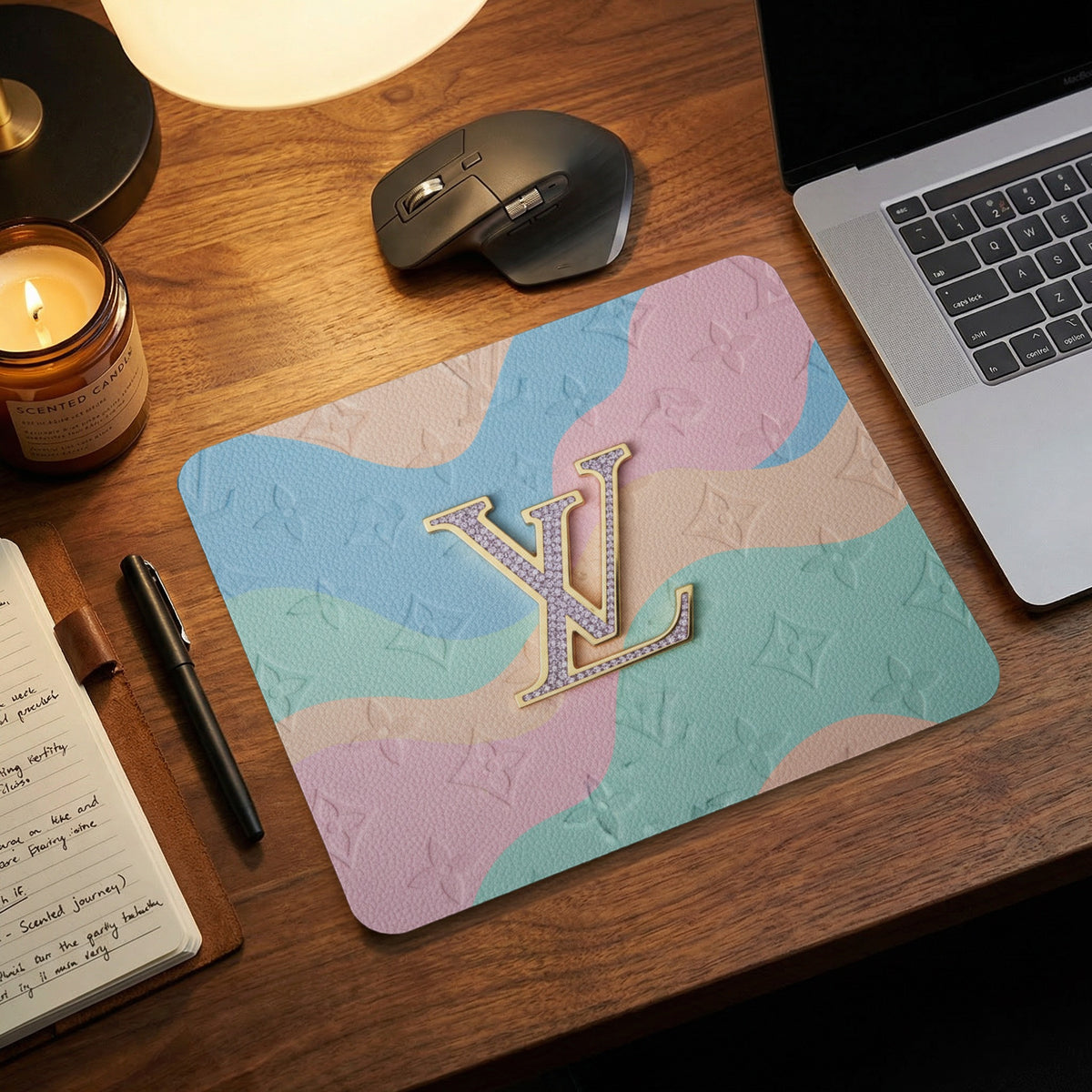 Pink, blue, and beige pastel mousepad with LV logo and embossed pattern.