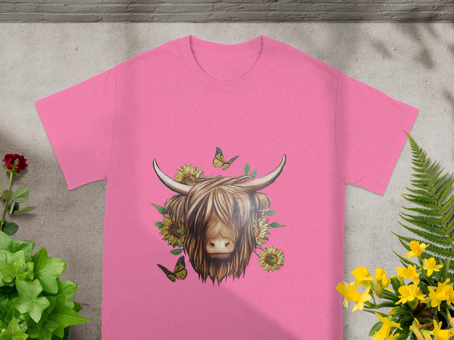 Highland Cow Sunflower and Butterfly Pink T-shirt
