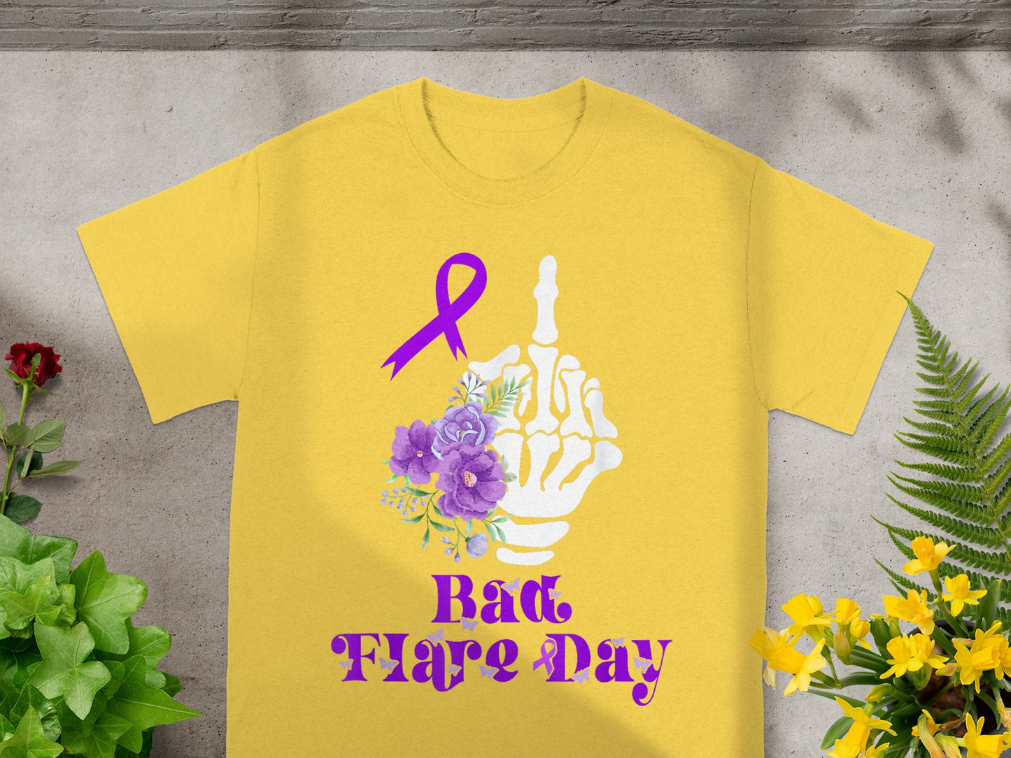 Yellow Bad Flare Day Shirt with Purple Ribbon Graphic