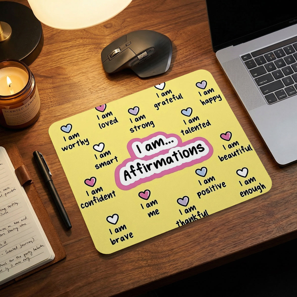 Yellow mousepad with "I am... Affirmations" and positive affirmations with hearts.