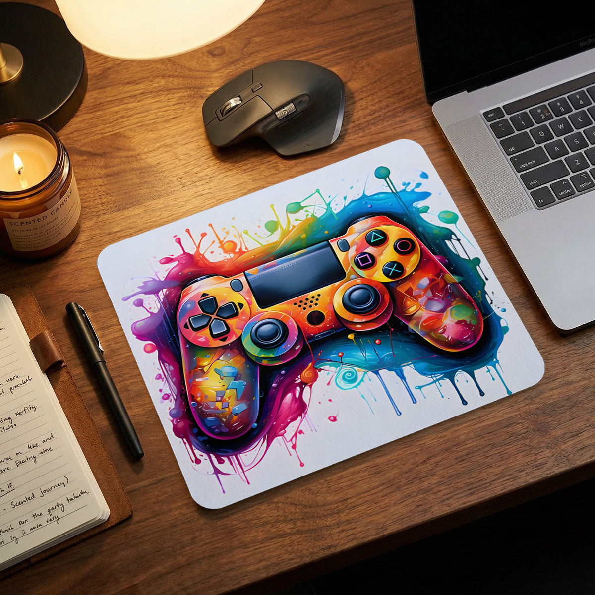 A colorful watercolor gamepad design mousepad sits on a wooden desk next to a laptop, mouse, and notebook.