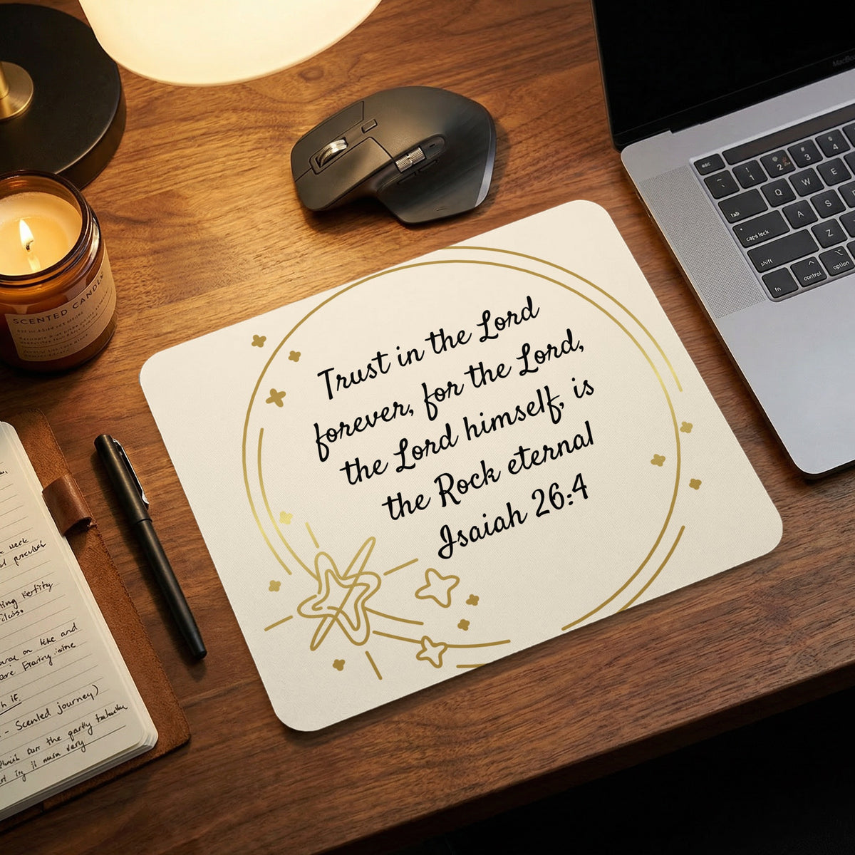 Off-white mouse pad printed with the Bible verse Isaiah 26:4 rests on a wooden desk.
