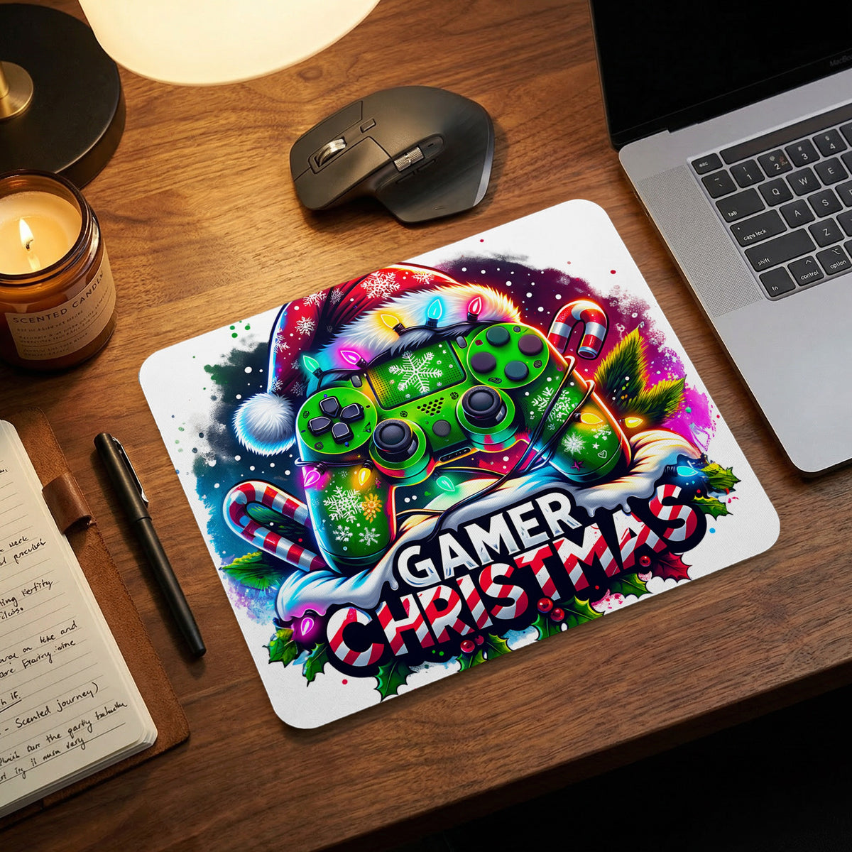 White mousepad featuring a green gaming controller in a Santa hat, candy canes, and Gamer Christmas text.