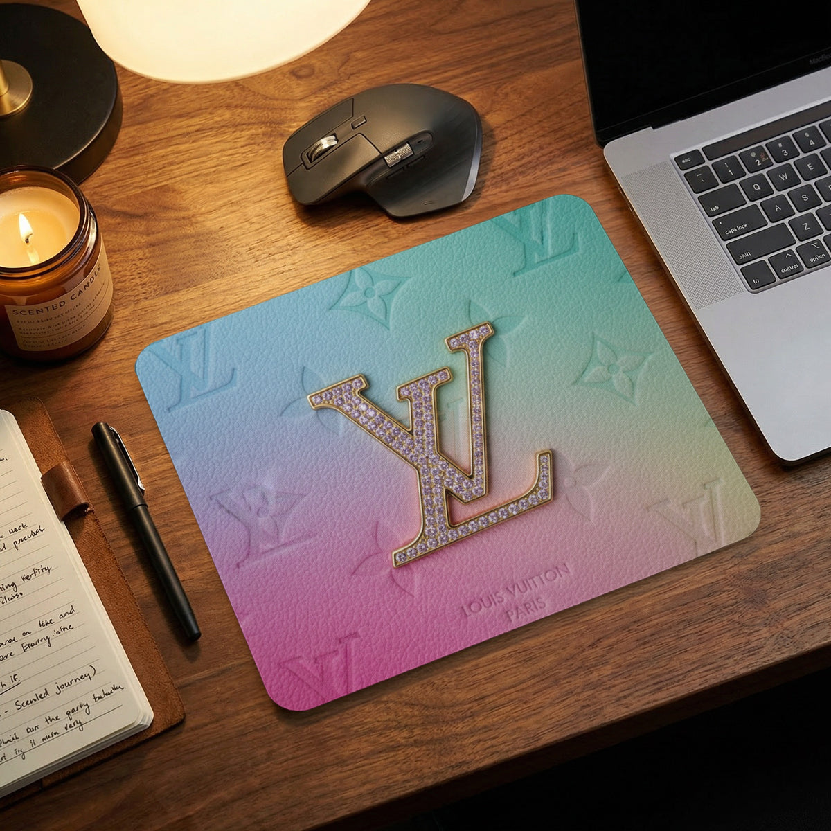 Mousepad with Louis Vuitton monogram and jeweled logo on a gradient background.