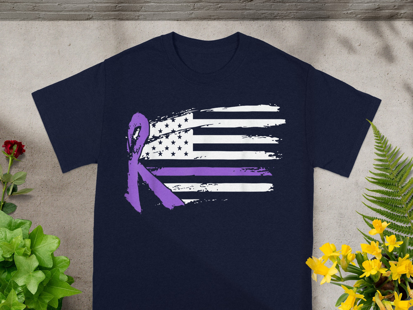 American Flag Painted with Purple Ribbon Graphic Tee
