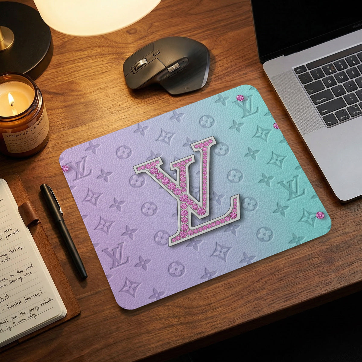 Mousepad with pastel gradient and large glittery "LV" logo.