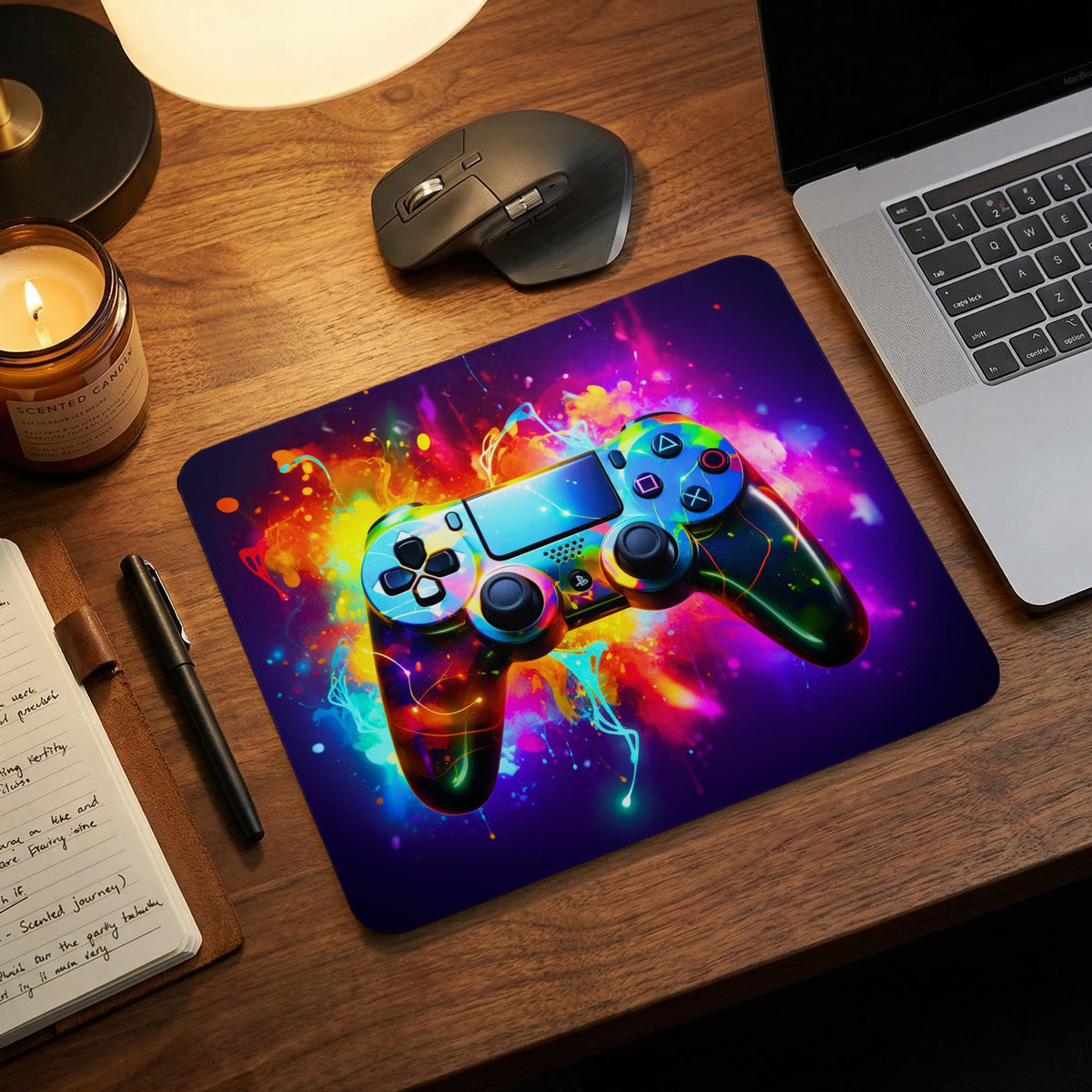 A rectangular mousepad featuring a colorful watercolor gamepad graphic on a wooden desk.