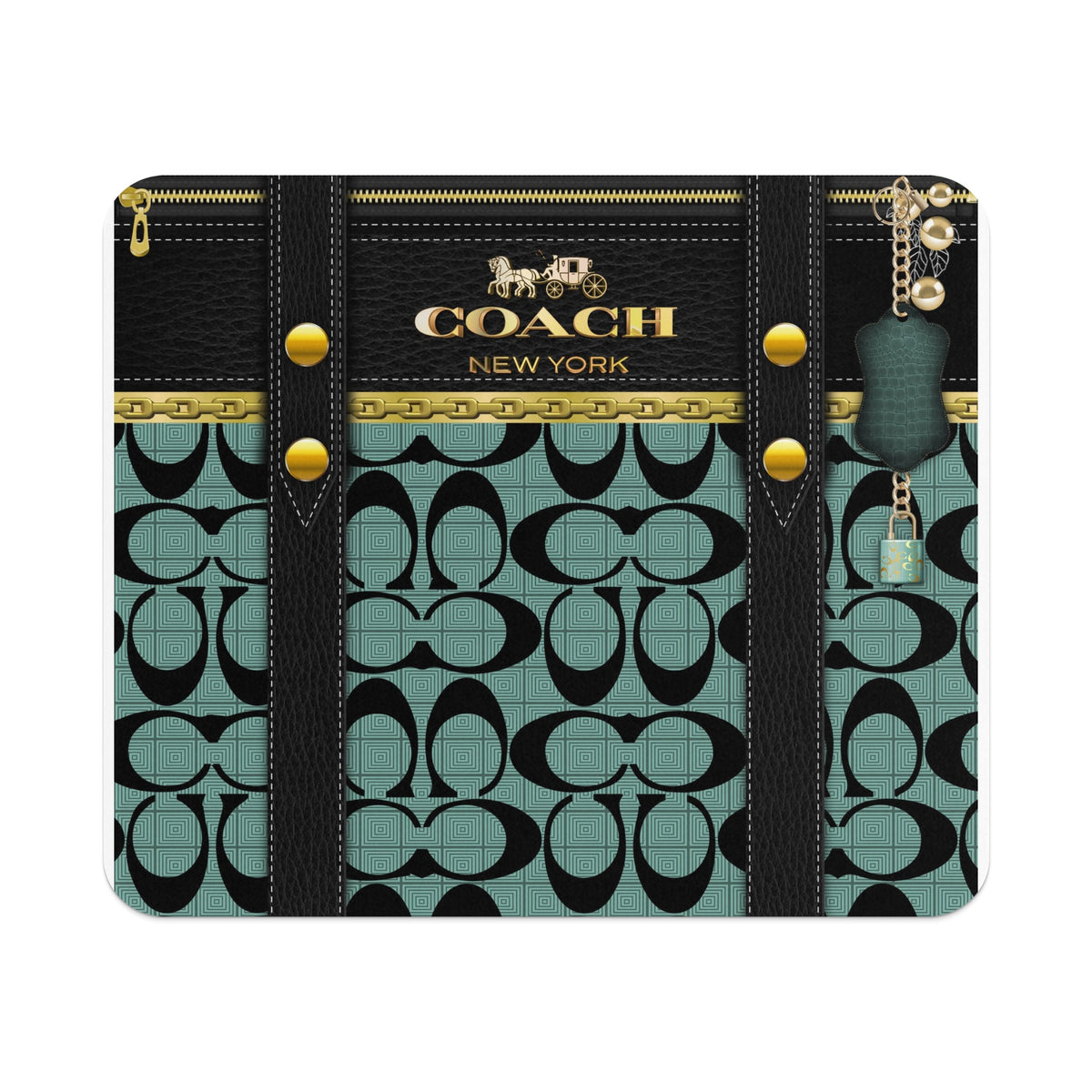 Coach pattern with gold chain trim, leather straps, and gold horse and carriage logo.