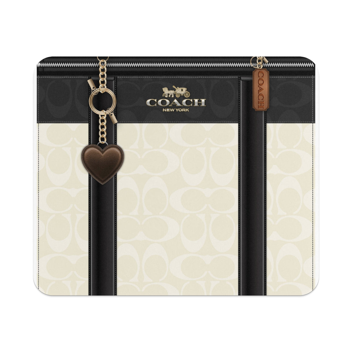 Coach New York logo on a cream background with repeating C pattern and leather heart charm.
